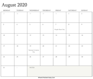 editable calendar august 2020 with holidays