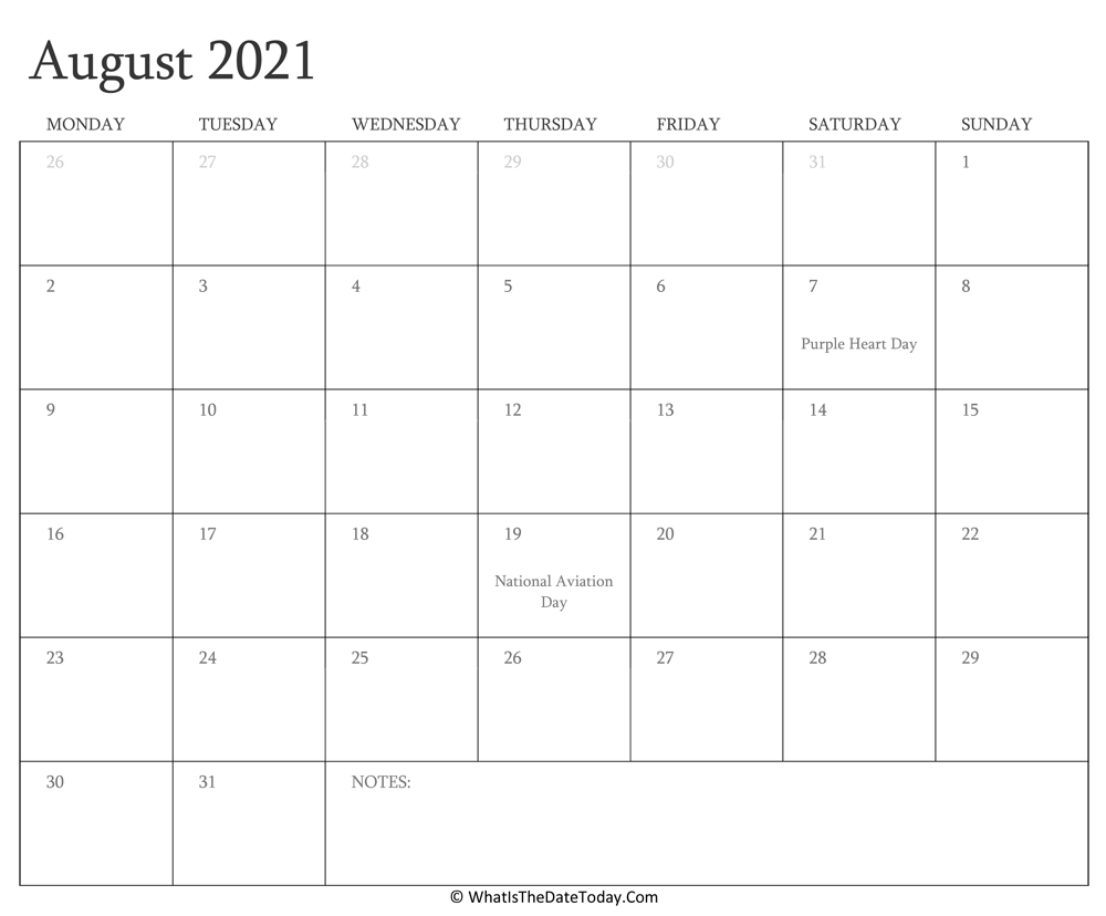 Editable Calendar august 2021 with Holidays
