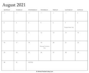 editable calendar august 2021 with holidays