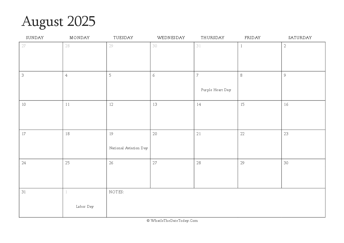 Editable Calendar august 2025 with Holidays