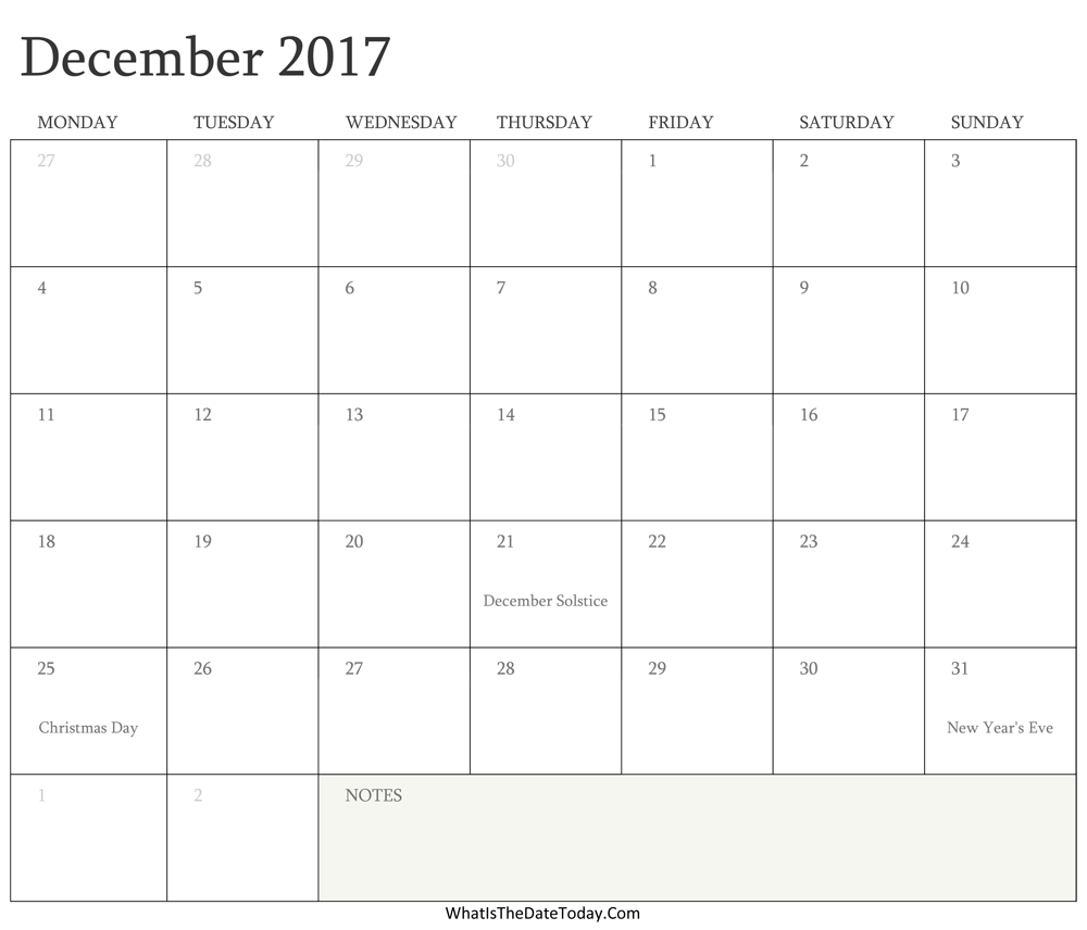 Editable Calendar december 2017 with Holidays
