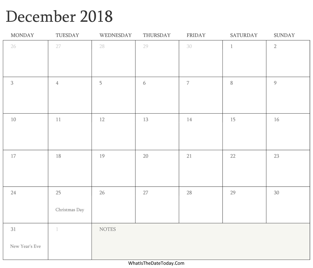 Editable Calendar december 2018 with Holidays