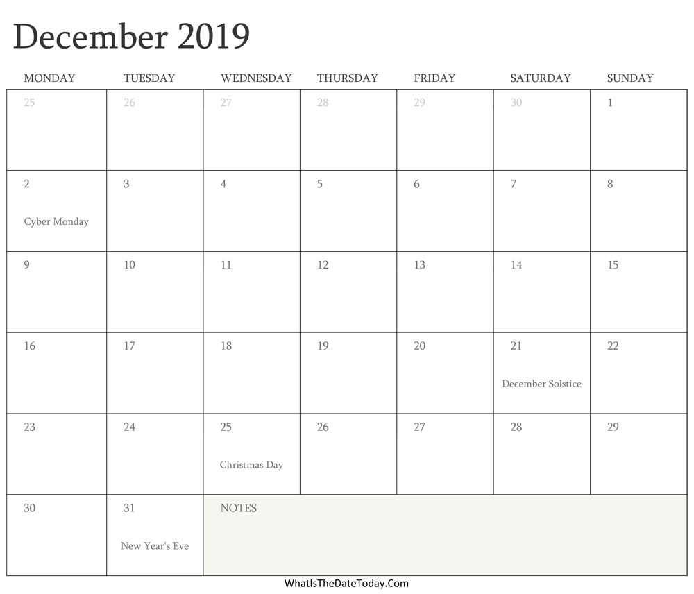 Editable Calendar december 2019 with Holidays