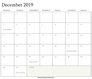 editable calendar december 2019 with holidays