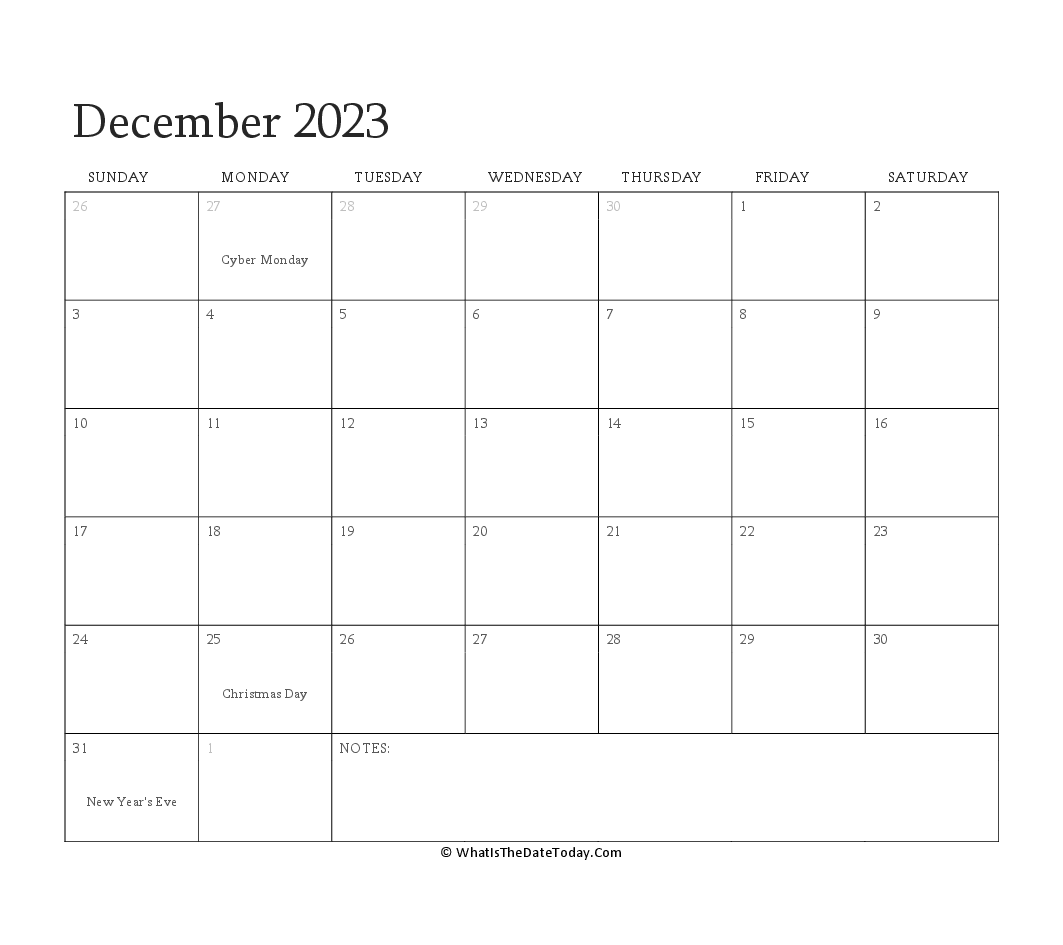 Editable Calendar december 2023 with Holidays
