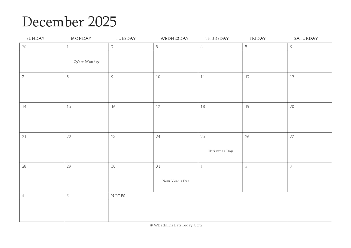 Editable Calendar december 2025 with Holidays