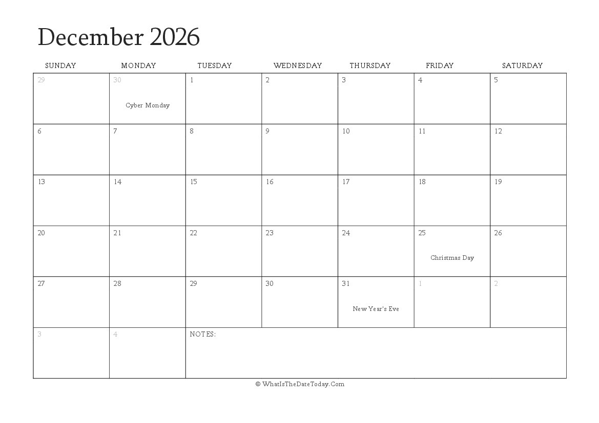Editable Calendar december 2026 with Holidays