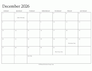 editable calendar december 2026 with holidays