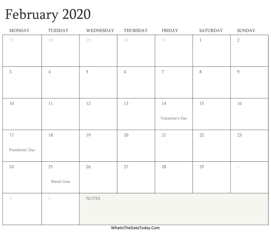 Editable Calendar february 2020 with Holidays