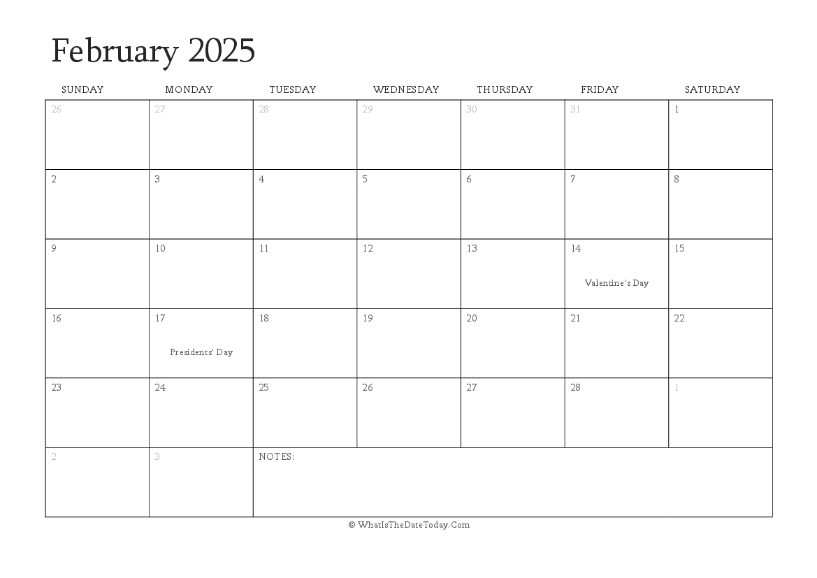 Editable Calendar february 2025 with Holidays