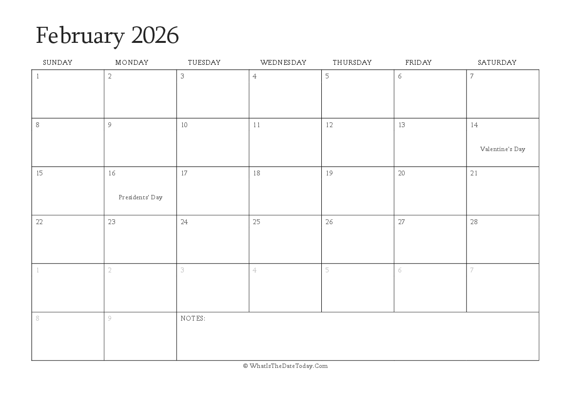Editable Calendar february 2026 with Holidays