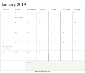 editable calendar january 2019 with holidays