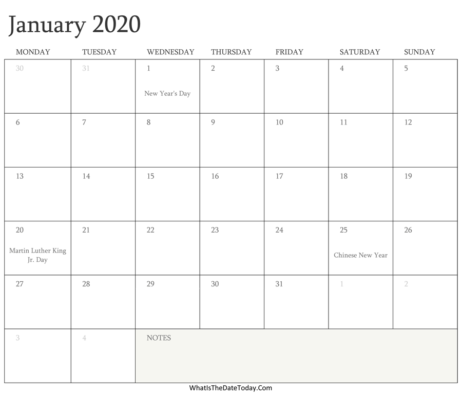 Editable Calendar january 2020 with Holidays