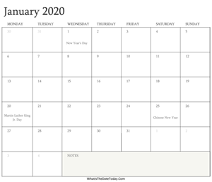 editable calendar january 2020 with holidays