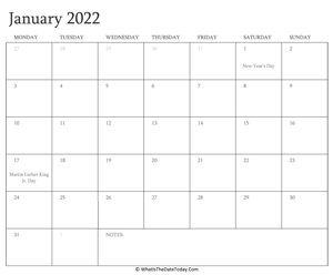 editable calendar january 2022 with holidays