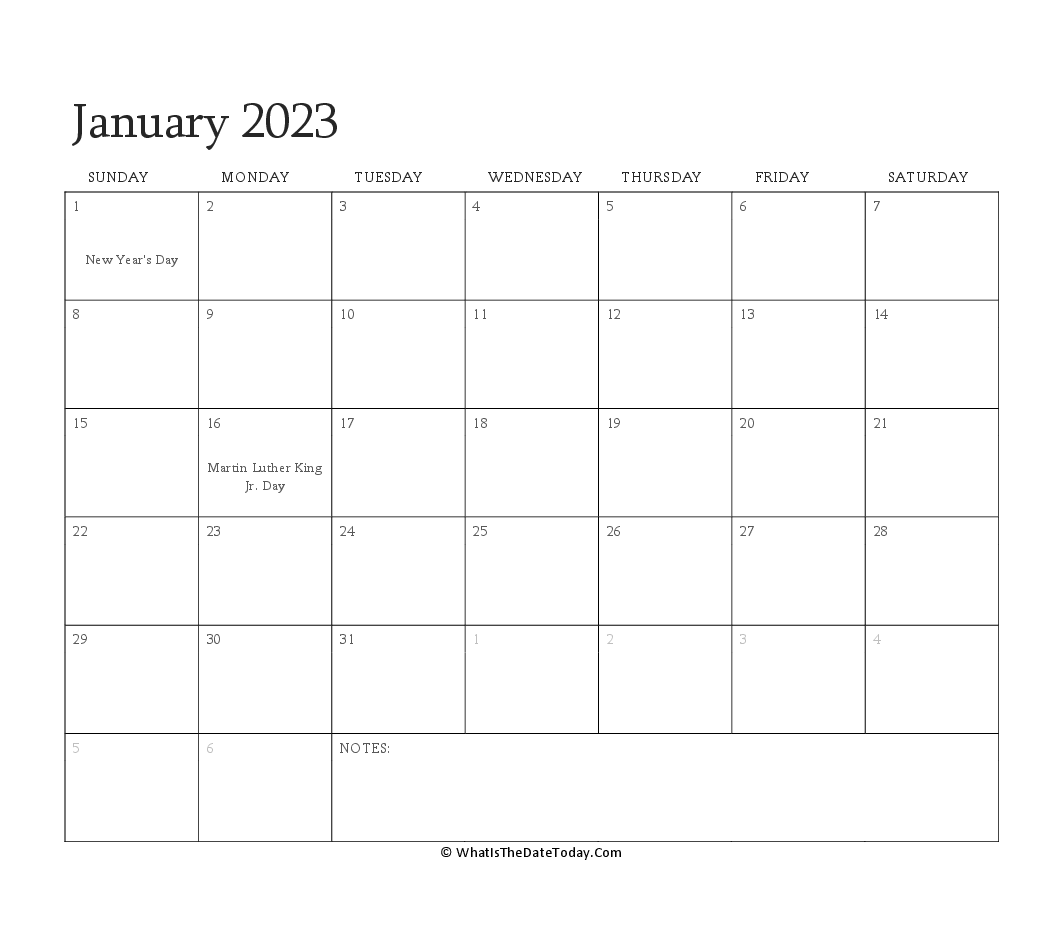 Editable Calendar january 2023 with Holidays