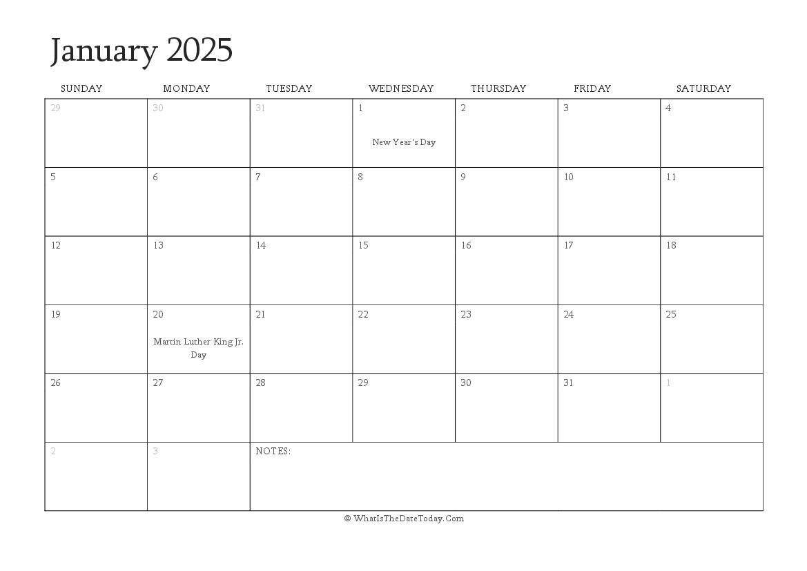Editable Calendar january 2025 with Holidays