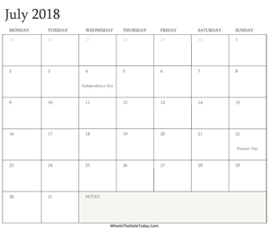 editable calendar july 2018 with holidays