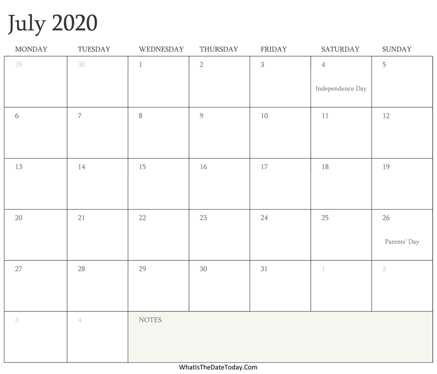Editable Calendar july 2020 with Holidays