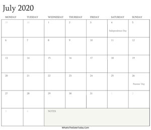 editable calendar july 2020 with holidays