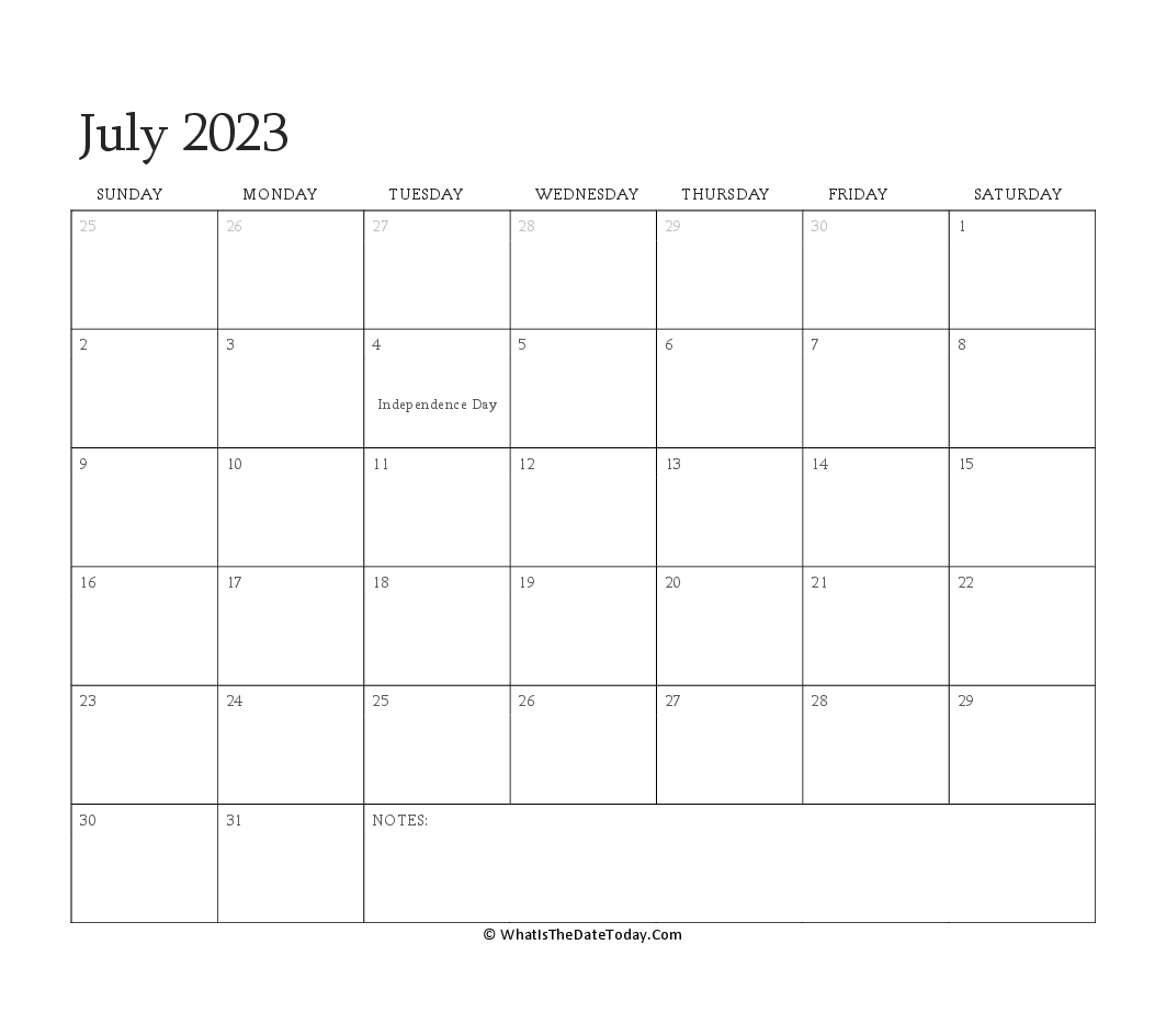 Editable Calendar july 2023 with Holidays