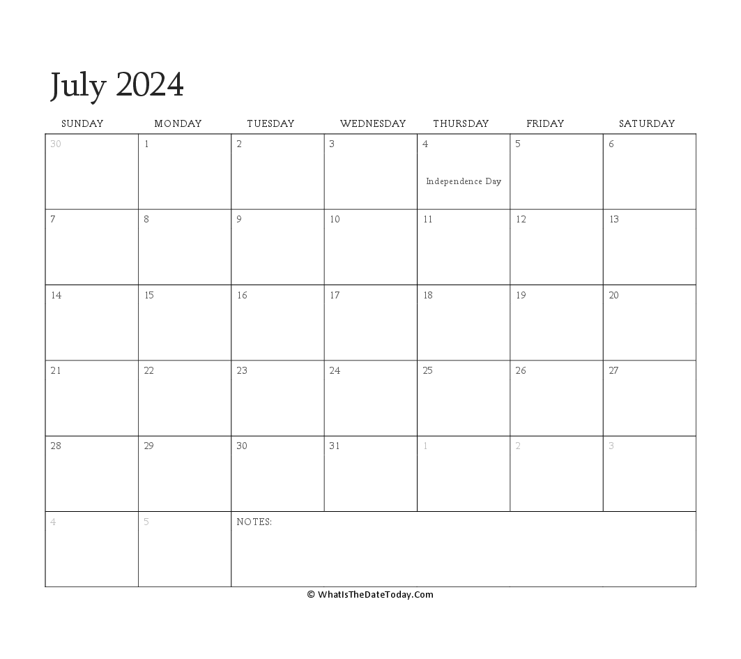 Editable Calendar july 2024 with Holidays