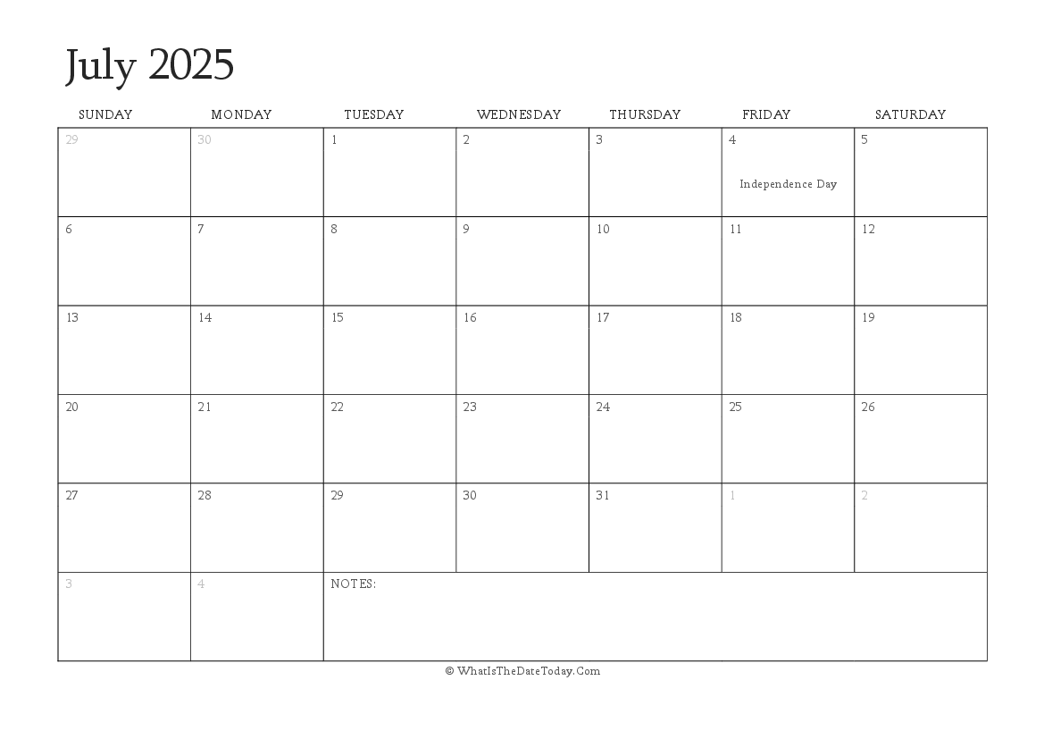 Editable Calendar july 2025 with Holidays