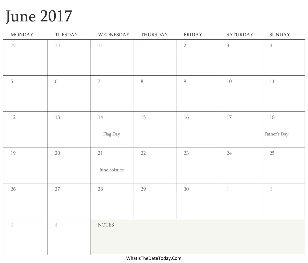 Editable Calendar june 2017 with Holidays