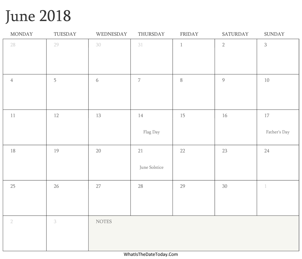Editable Calendar june 2018 with Holidays