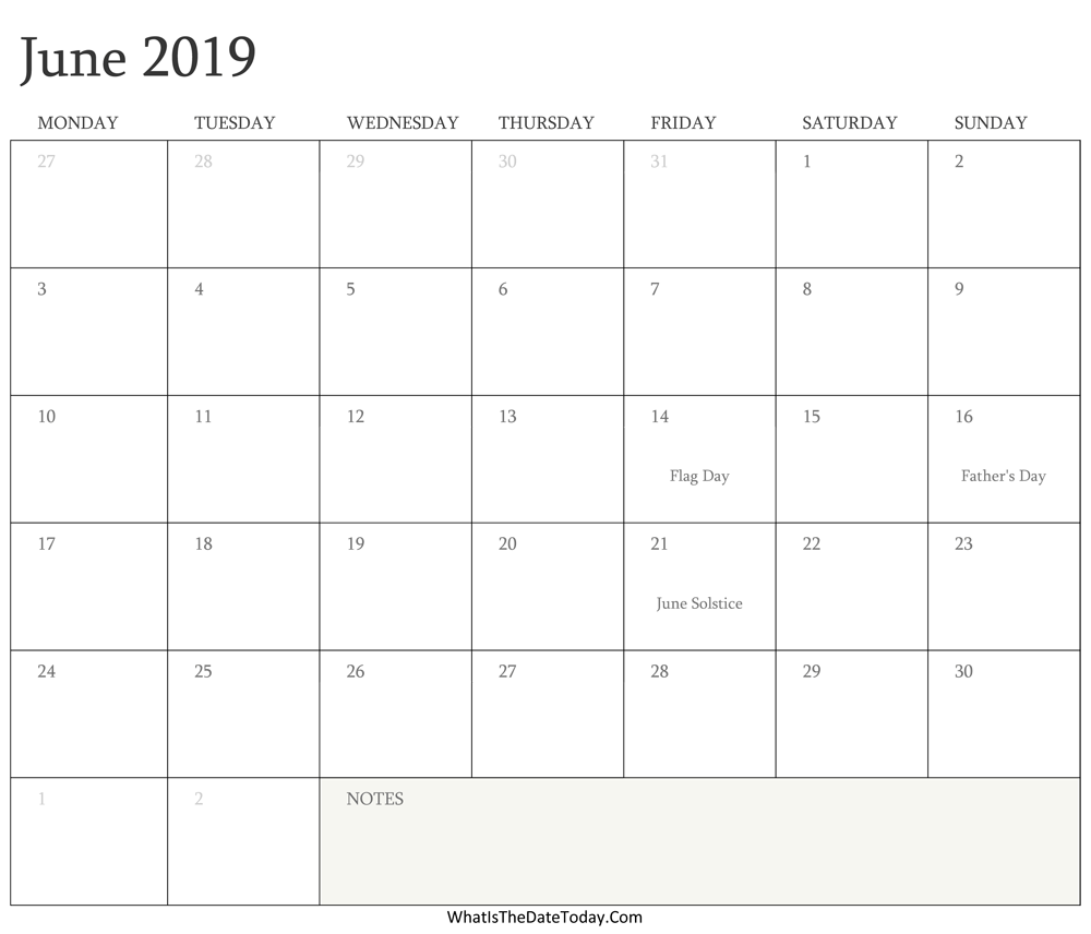 Editable Calendar june 2019 with Holidays