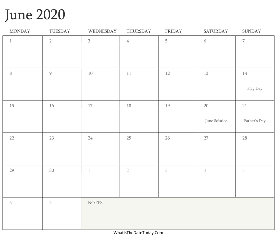 Editable Calendar june 2020 with Holidays
