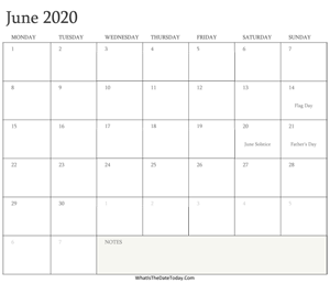 editable calendar june 2020 with holidays