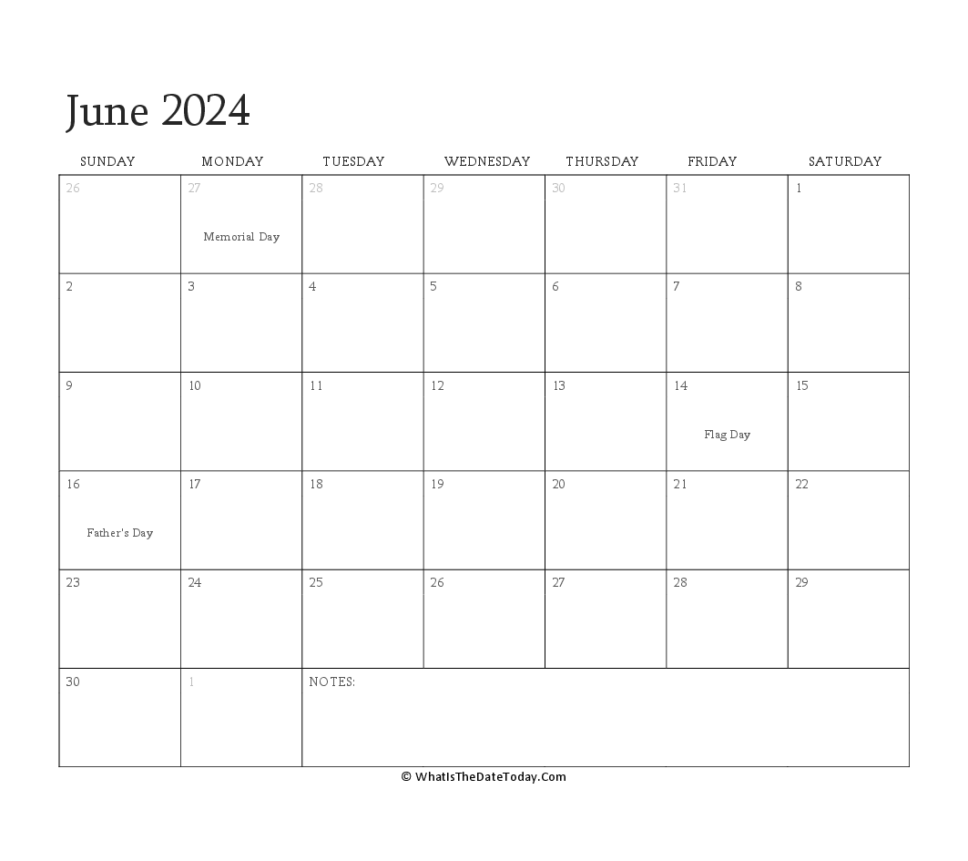 Editable Calendar june 2024 with Holidays
