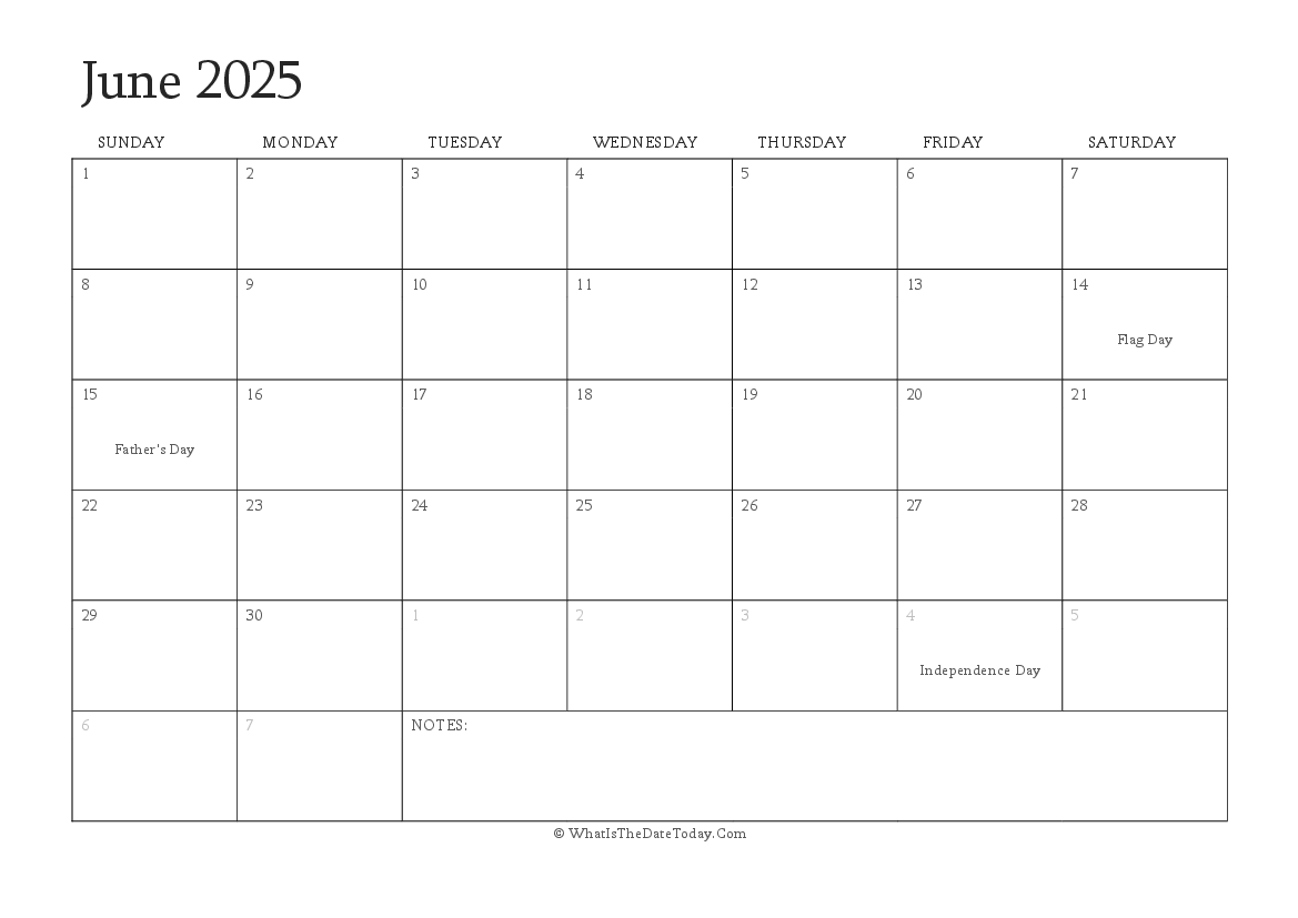Editable Calendar june 2025 with Holidays
