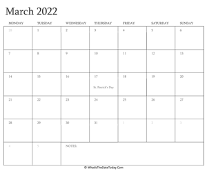 editable calendar march 2022 with holidays