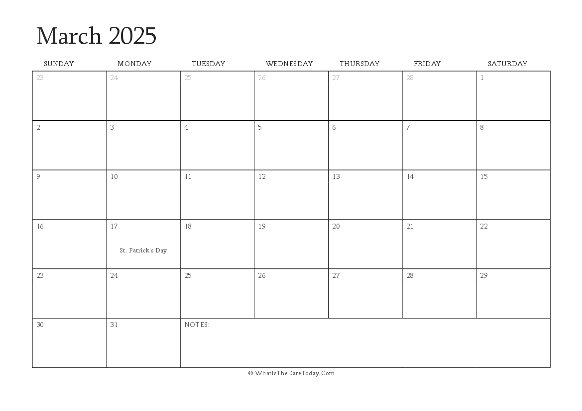 Editable Calendar march 2025 with Holidays
