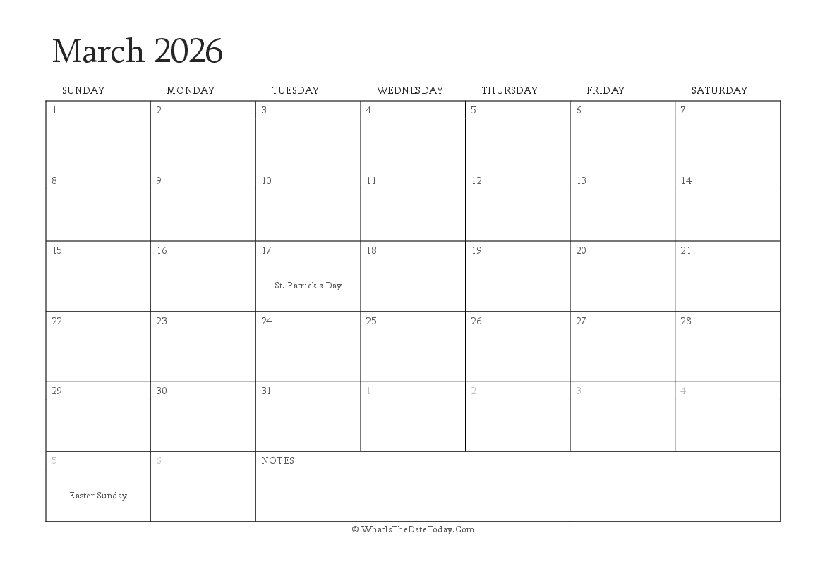 Editable Calendar march 2026 with Holidays