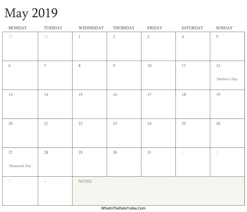 Editable Calendar may 2019 with Holidays