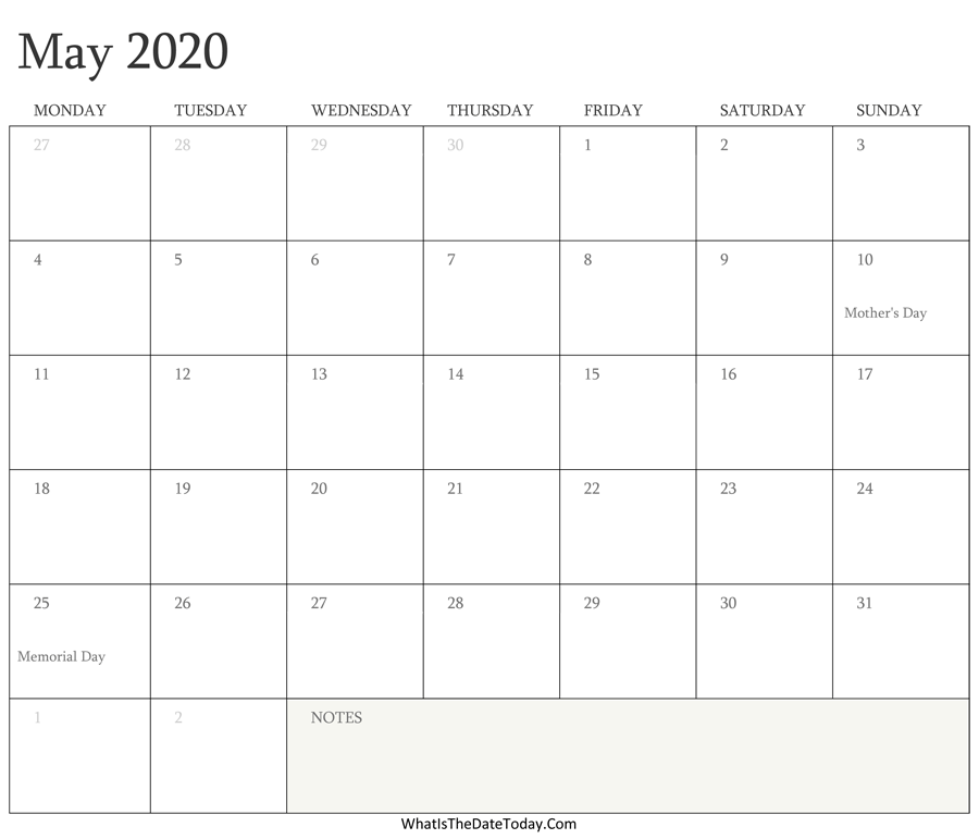 Editable Calendar may 2020 with Holidays