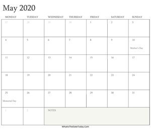 editable calendar may 2020 with holidays