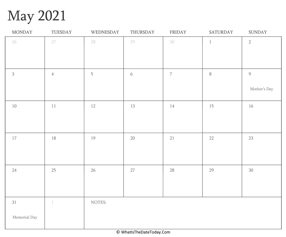 Editable Calendar may 2021 with Holidays