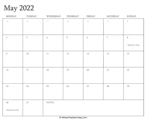 editable calendar may 2022 with holidays