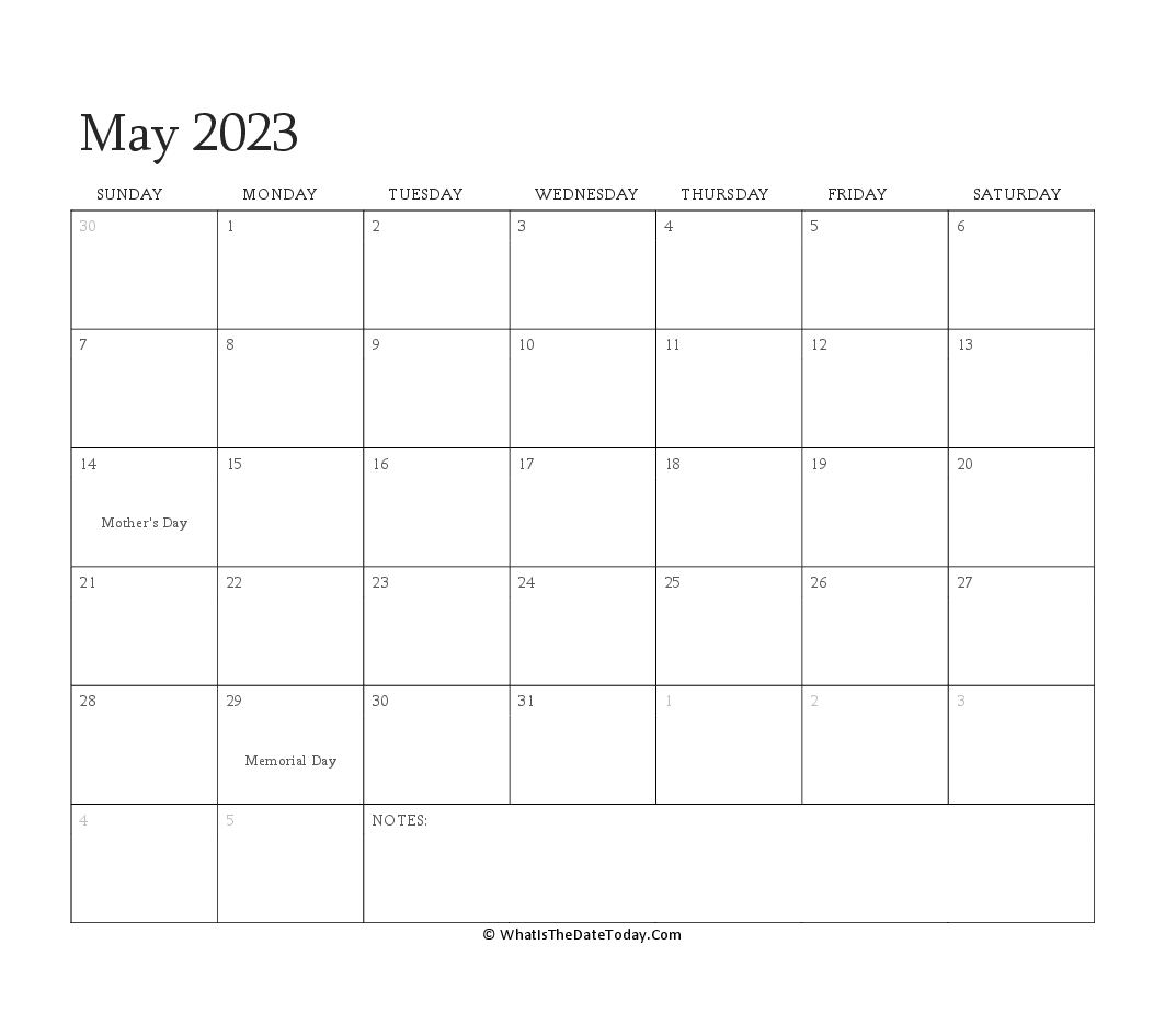 Editable Calendar may 2023 with Holidays