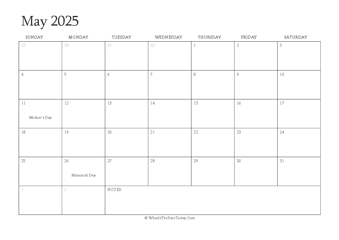 Editable Calendar may 2025 with Holidays