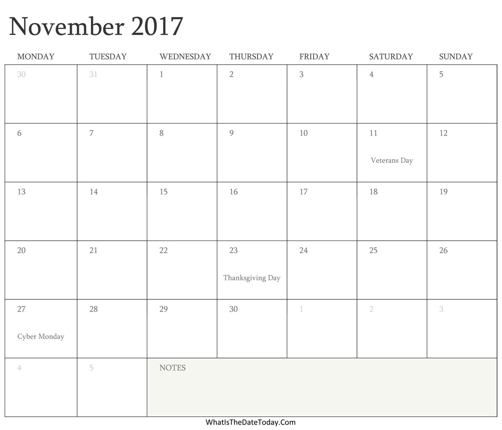 Editable Calendar november 2017 with Holidays