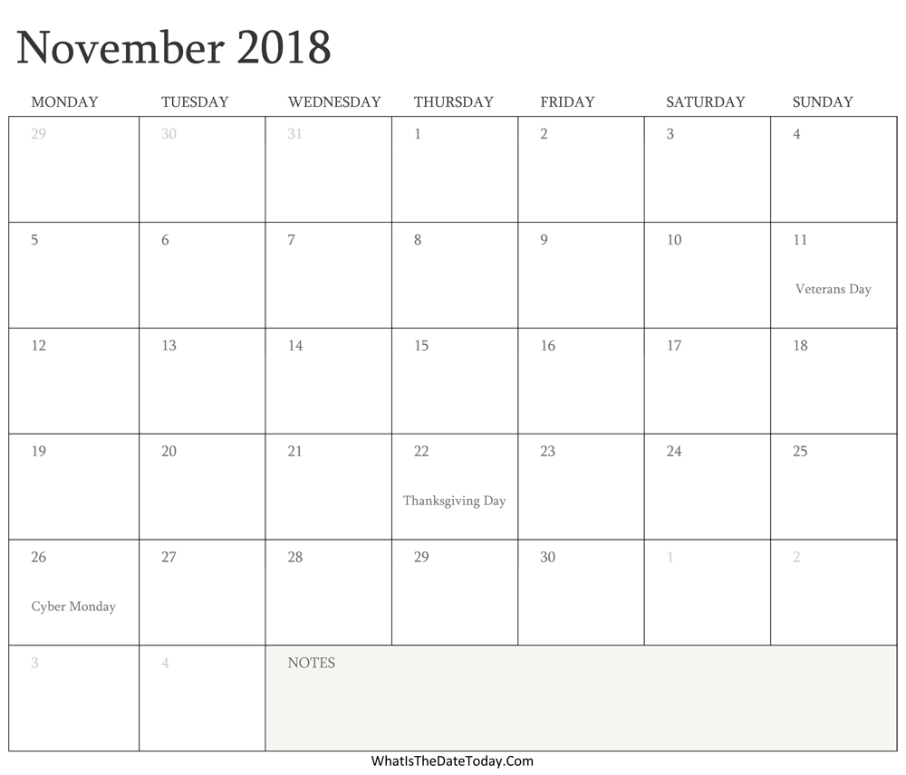Editable Calendar november 2018 with Holidays