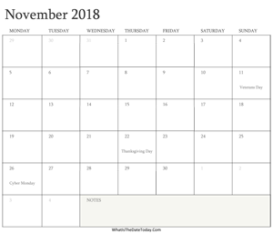 editable calendar november 2018 with holidays