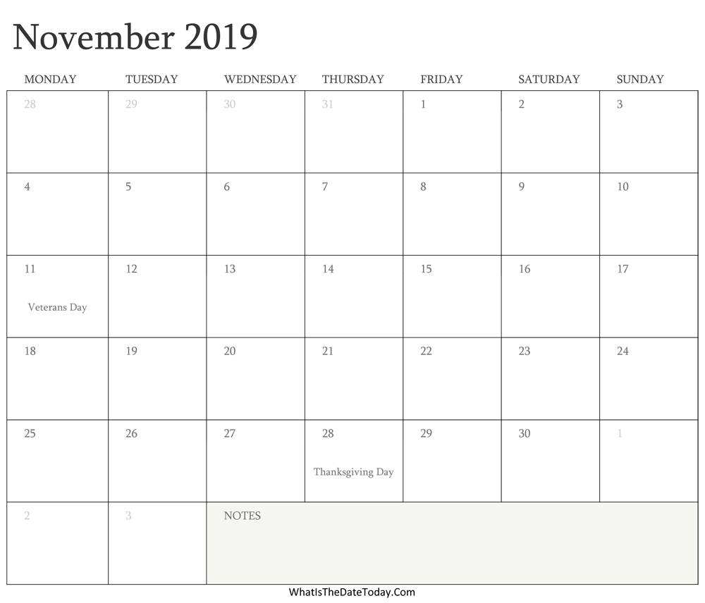 Editable Calendar november 2019 with Holidays
