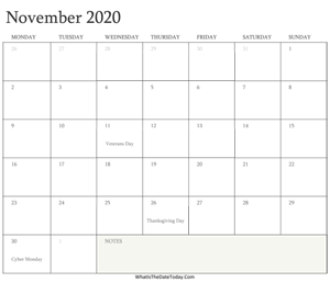 editable calendar november 2020 with holidays