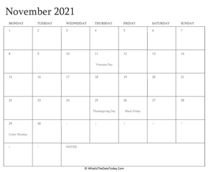 editable calendar november 2021 with holidays